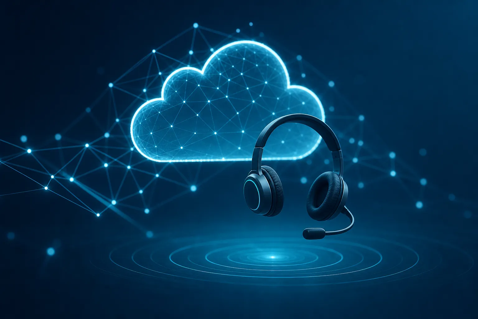 Abstrakte Illustration einer Cloud-Telefonanlage mit stilisierter Wolke, Headset-Silhouette und Netzwerklinien
