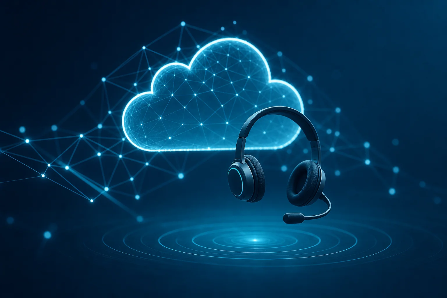 Abstrakte Illustration einer Cloud-Telefonanlage mit stilisierter Wolke, Headset-Silhouette und Netzwerklinien