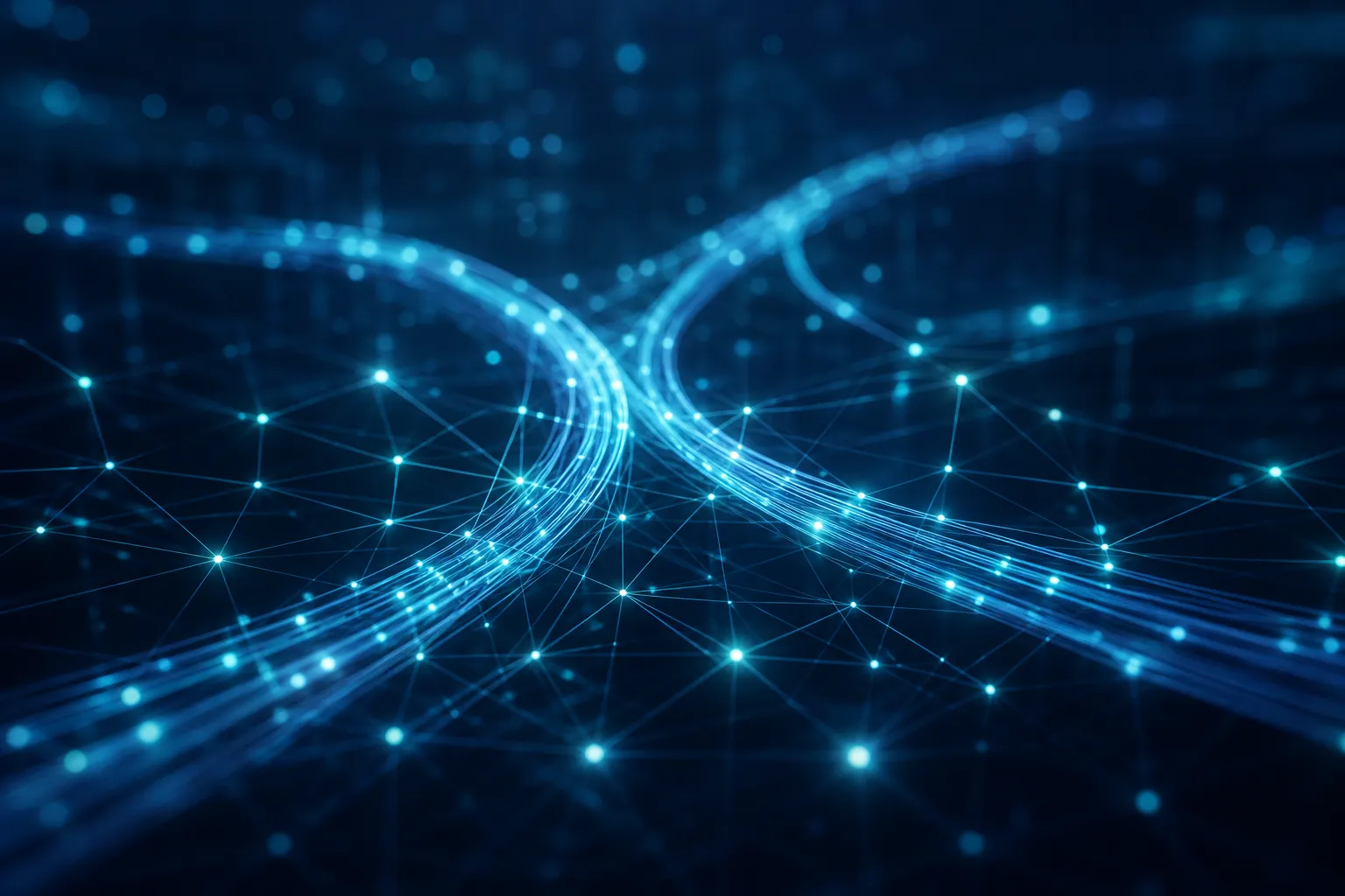 Abstrakte Illustration eines resilienten Netzwerks mit redundanten Datenpfaden und leuchtenden Knotenpunkten