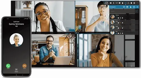 Videokonferenz mit 3CX-Telefon auf Smartphone und Bildschirm